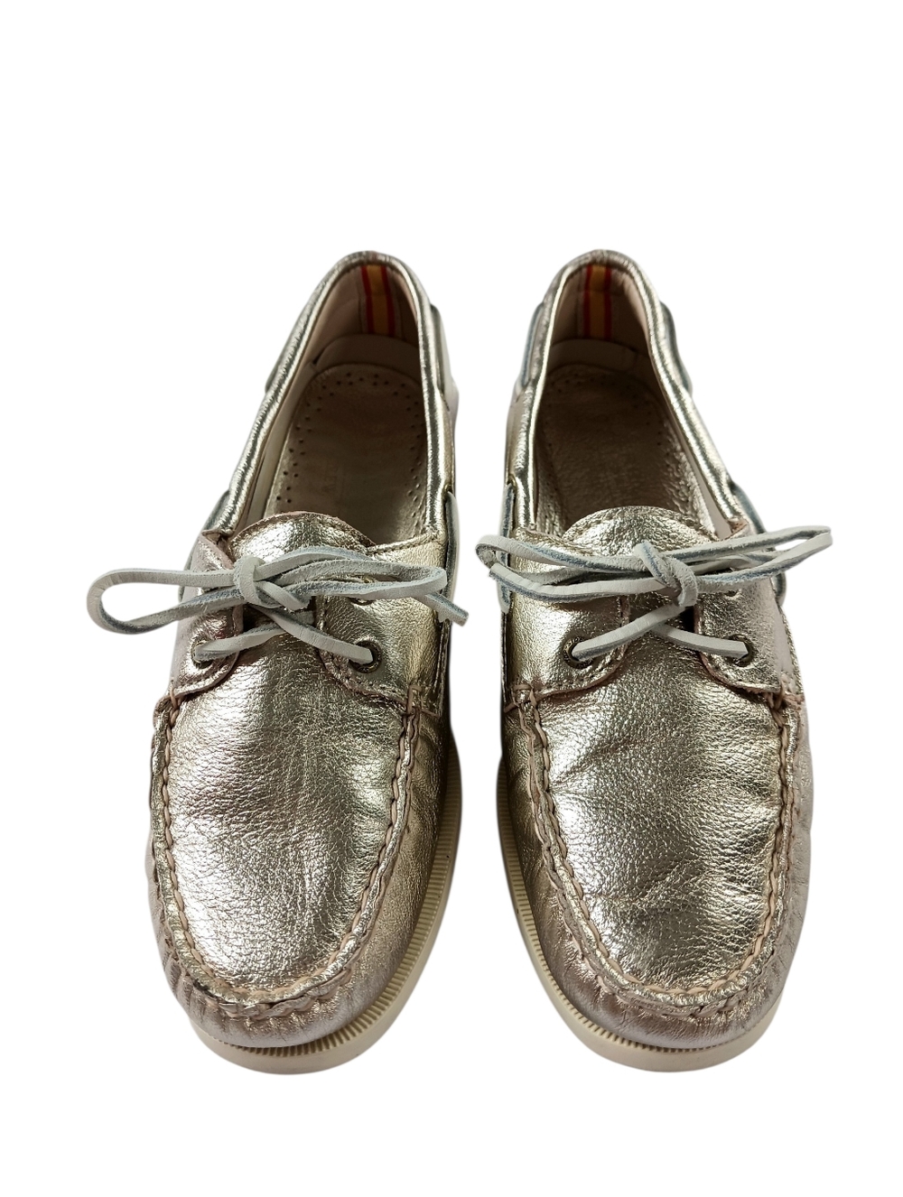 Sperry 2 Eye Boat Shoe Top Sider Metalic Gold Leather Flat Loafer Preppy Size 10 - Picture 3 of 11
